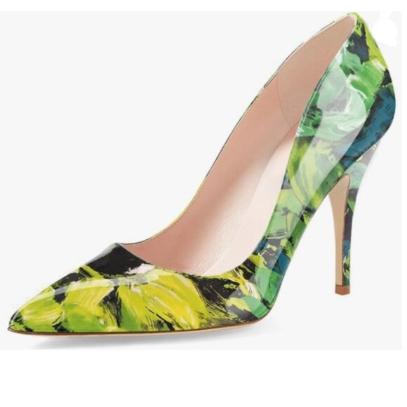 YDN Green Floral Pointed Toe High Heel Pumps Slip on Stilettos Slide Dress Shoes - Picture 1 of 8